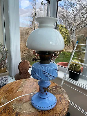 £85.99 • Buy Antique Oil Lamp Converted To Electric - Blue Glass Base With White Glass Shade