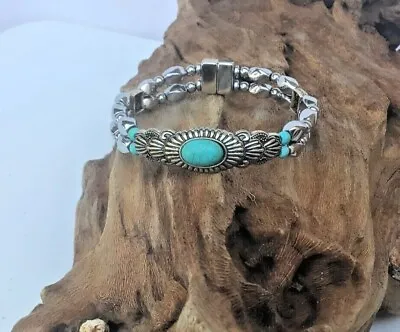 Women's Men's Hematite Magnetic Silver Double Turquoise Bracelet Super Strong • $39.99