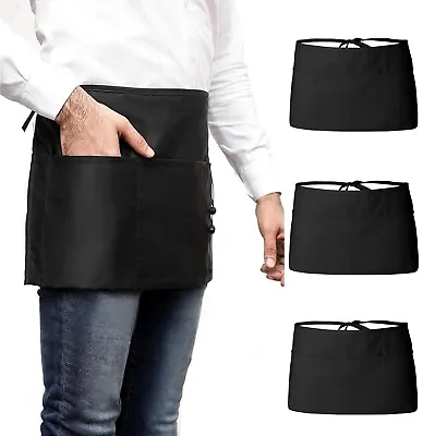 3X Half Size Waist Apron Bar Bistro Waiter Waitress Cafe Pub Restaurant 3 Pocket • £9.95