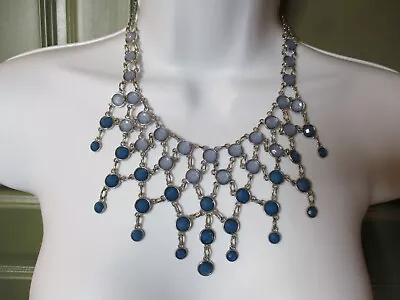 Vintage Signed Ny Statement Cleopatra Bib Blue Rhinestone & Silver Tone Necklace • $16.99