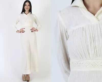 Vtg Plain Gauze Crochet Wedding Dress 70s Cottagecore Muslin Sheer Cotton Gown • $82.65