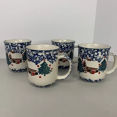 Set Of (4) Tienshan Folkcraft 12 Oz Mugs / Cups Cabin In The Snow Christmas  • $12