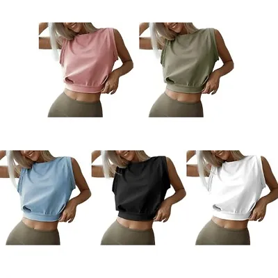Women Crew Neck Loose Crop Top Elastic Waist Yoga Sports Sleeveless T-Shirt • £7.75
