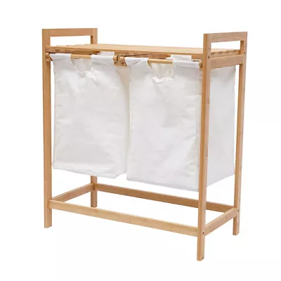 Bamboo Frame Laundry Hamper With Dual Basket Two Sections Removable Laundry Bags • $37.05