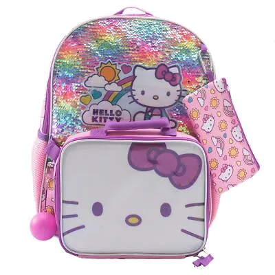 5 PC Hello Kitty Backpack Lunch Box Bag Tote Lunchbox Case Flip Sequins Sanrio • $39.06