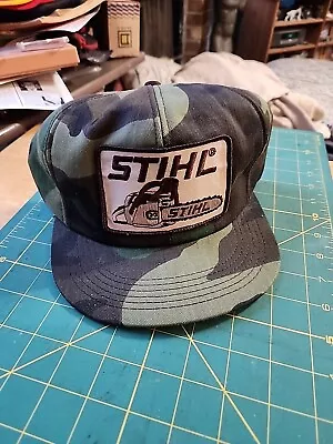 Vintage K-Products Trucker Hat With Big STIHL CHAINSAW PATCH Green Camo • $52.23