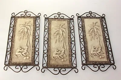 Vtg Monkey Wall Art Decor 12  X 6  - Monkey With Coconut & Palm Tree Metal Frame • $50.96