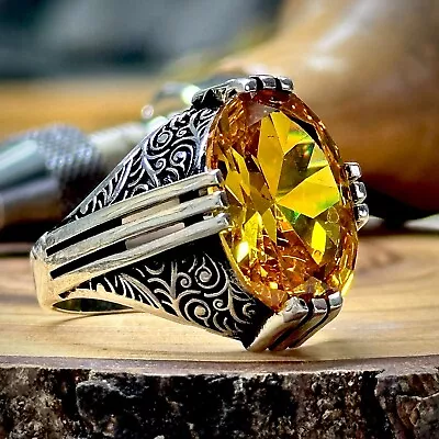 925k Silver Men Citrine Gemstone Ring Handmade Yellow Citrine Engraved Ring • $59