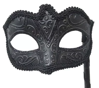 Venetian Midnight Black Sparkling Masquerade Party Ball Mask Hand Held On STICK • £13.95