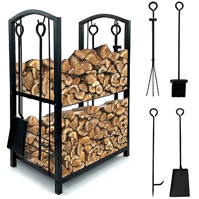 Firewood 2 Tier Rack Log Holder Wood Storage With Hooks 4 Tools Black • £27.85