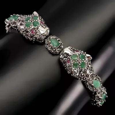 Natural Emerald 6x4mm Marcasite Ruby Gemstone 925 Sterling Silver Tiger Bracelet • $29