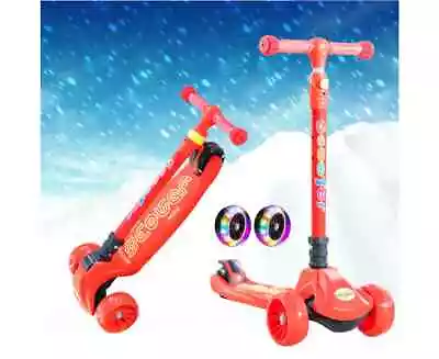 Kids Scooter Red LED Light Flashing Foldable 3 Wheels Kick Push Aluminum T • $59.99