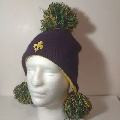 Mardi Gras Beanie American Crown Pom Winter Hat Toque Ear Poms Fleur-de-lis NOLA • $11.99