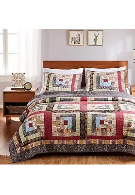 COLORADO LODGE 3pc King/Cali King QUILT SET  LOG CABIN PATCH RED BROWN • $34.99