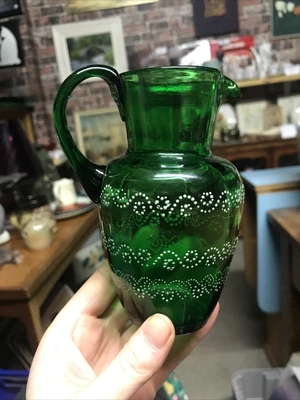 £6 • Buy Victorian Green Glass Jug Handpainted 5 Inch Vintage MCM