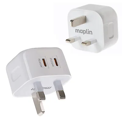 Maplin 2 Port USB-C Wall Charger Plug 2x USB-C High Speed 20W Power Delivery • £9.69