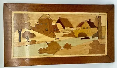 Marquetry Wood Inlay Picture RIVER BRIDGE COUNTRYSIDE SCENE By H. BURDEN • $85