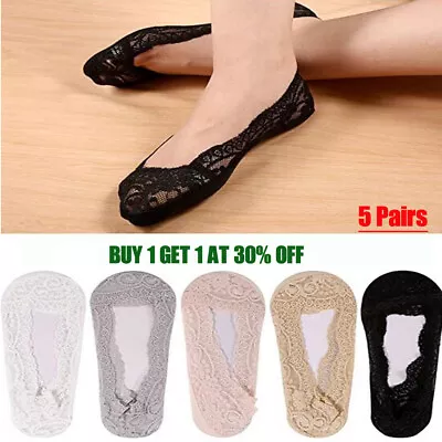 5 Pairs Women Ladies Skin Shoe Liners Footsies Invisible Thin Lace Socks Sheer • £4.39