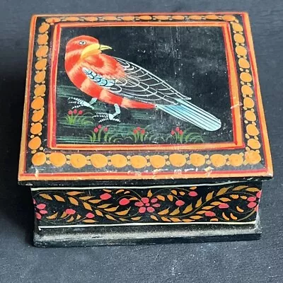 Snuff Box Pill Trinket Jewelry Painted Bird Lacquer ? Square Vintage Antique Est • $4.99