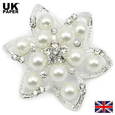 Modern Pearl Star Diamante Crystal Pin Brooch Silver Bridal Wedding Bouquet Gift • £4.36