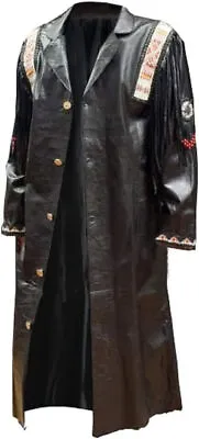 Men Black Real Leather Western Style Cowboy Coat Fringed & Beaded - Long Coat • $139.99