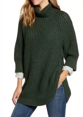 J Crew Womens Forest Green Oversized Waffle Turtleneck Poncho Sweater Sz S  $138 • $39.99