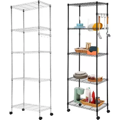 5 Tier Metal Storage Rack Shelving Wire Shelf Kitchen Office Stand Unit + Wheels • £49.99