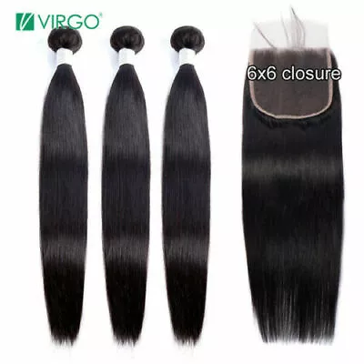 3BUNDLES+6X6 LACE CLOSURE MONGOLIAN VIRGIN HUMAN HAIR STRAIGHT 390g/490g 12AA  • $566.26