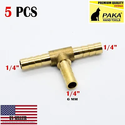 5PC - 1/4 HOSE BARB TEE Brass Pipe 3 WAY T Fitting Thread Gas Fuel Water Air • $9.99