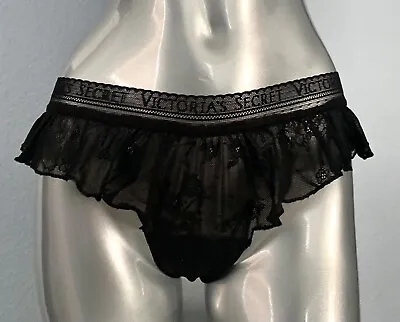 Victorias Secret Nwt Black Logo Band Lace Flutter Sexy Ruffle Thong Panty • $16.50