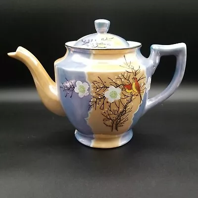 Vintage Lusterware Teapot Hand Painted Japan Red Birds Floral Blue And Orange • $14