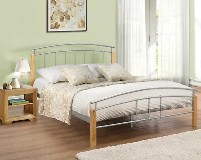 Wooden Metal Bed Tetras Beech Silver High Foot End 4 Size 4 Mattress Options • £174.99