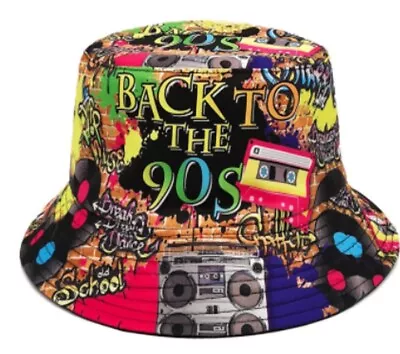 Retro Nostalgic 80s 90s Hip-hop Graffiti Tape Pattern Bucket Hat Double-sided... • $7