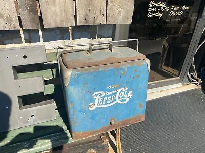 Vintage 1950s Drink Pepsi Cola Blue Metal Ice Cooler Chest Double Dot  • $275