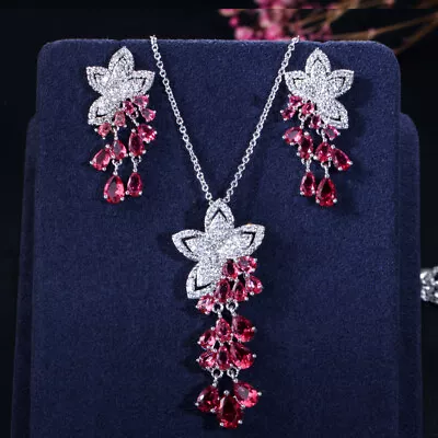 Red CZ Heart Tassel Drop Earrings Pendant Necklace Fashion Jewelry Set For Women • $8.99