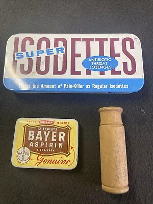 3 Vintage Medicine Containers-Bayer Aspirin Tin Isodettes Tin & Wooden Bottle • $9.95