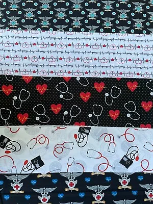 FAT QUARTER EKG MEDICAL NURSE DOCTOR & STETHOSCOPES (18  X 21 ) QUILT FABRIC • $4