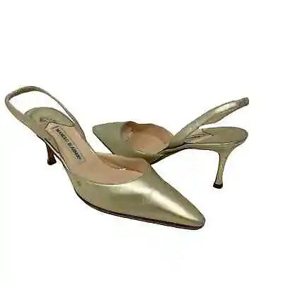 Manolo Blahnik Carolyne Gold Silk Slingback Pointed Toe Pumps - Size 10 • $115