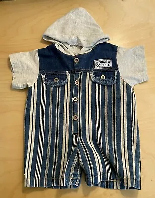 Vintage Baby Beluga Worker Blue Railroad Stripe Hooded Shortall One Piece 12M • $13.99