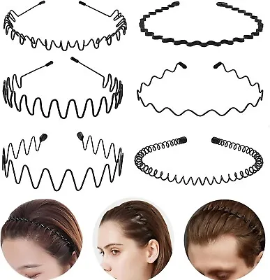 Headbands (6pcs)  Stylish Non-Slip Sports Men's Elastic Wavy Metal Hair Bands • £7.99