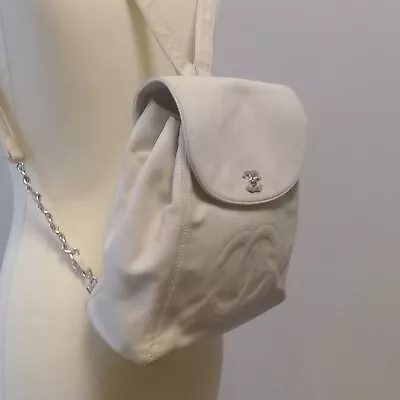 Chanel Ivory Beige Leather Vintage Backpack Bag W/Stitched CC Logo & Silver HW • $1849.99