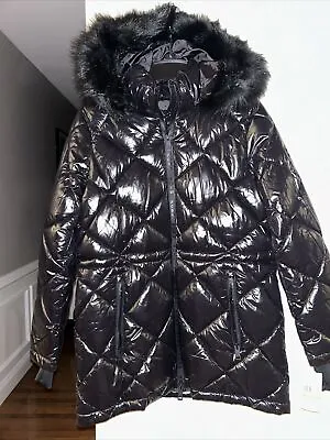 Michael Kors Shiny Black Faux Fur Hood Insulated Puffer Coat Jacket Medium New • $89.99
