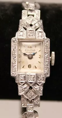 $1100 • Buy Bulova 14k White Gold Diamond Womens Watch Art Deco Era 1920's