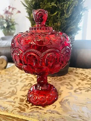 Vintage LE Smith Moon And Stars Ruby Red Lidded Compote Candy Dish 10  High • $60