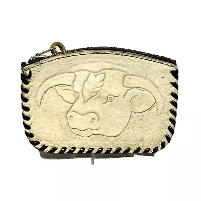 Pouch Coin Change Holder Leather Whip Stitch Tooled Metal Zipper Steer Vintage • $8.99