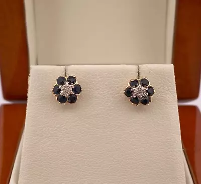 £100 • Buy 9ct Yellow Gold Sapphire & Diamond Cluster Stud Earrings Hallmarked