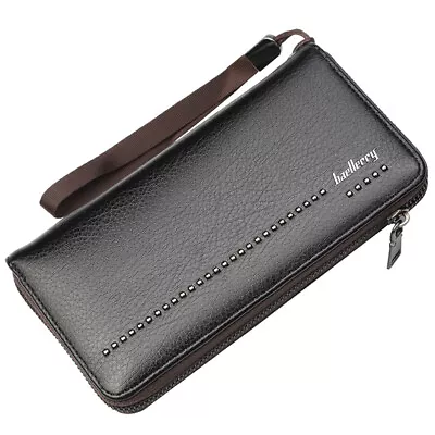 Black Leather Long Wallets Men Zip Around Checkbook Cash Card Holder Wallet • $0.01