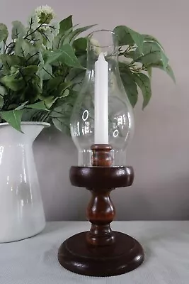 $18 • Buy Vintage Wooden Candlestick Taper Candle Holder With Glass Hurricane Chimney