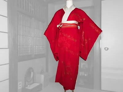 VTG Scarlet Red Silk Nagajuban With White Collar For Kimono Kitsuke: Apr21-A • $250