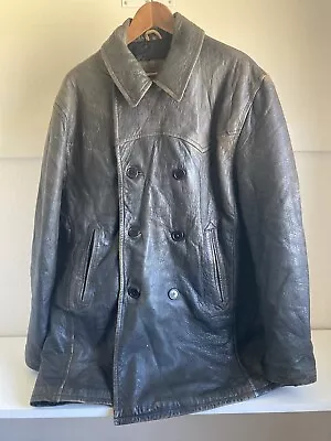 Michael Hoban Mens Leather Brown Pea Coat Size Medium • $40